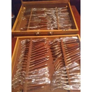 Jean Claude Flatware Set Service for 12 Wood Case Gold‎ Tone 84 Pieces